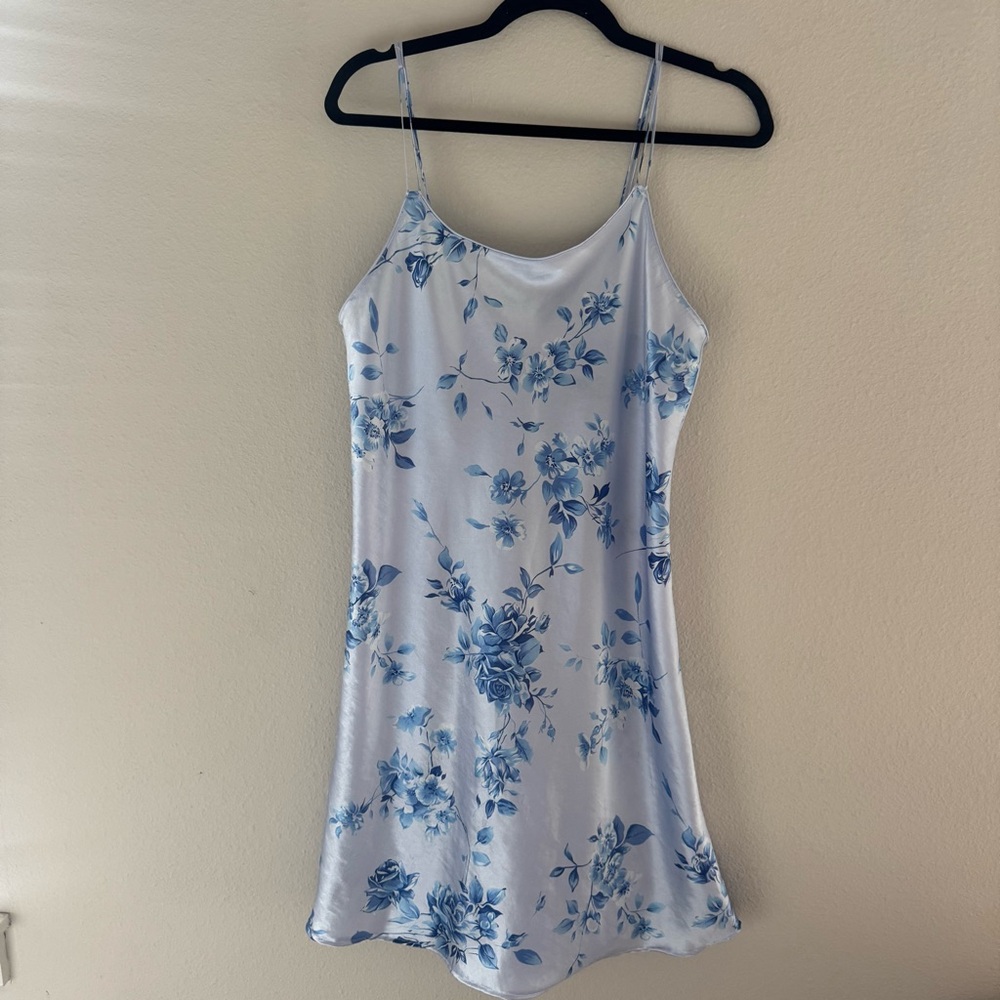 Oscar de la Renta Vintage Pink Label Blue Floral Satin Slip Dress